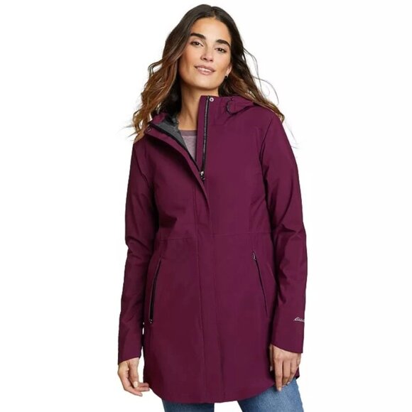 Eddie Bauer Magenta Zip Soft Shell Pocket Hooded Long Jacket Parka Pink Red Coat - Picture 1 of 8